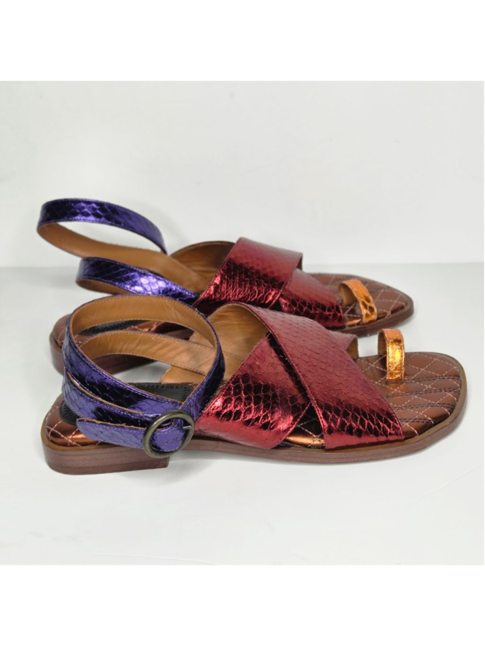 Etro Ayers Metallic Snake Sandals Size 38 US 8 Toe Cross Over Strap Ankle Wrap - Picture 5 of 14